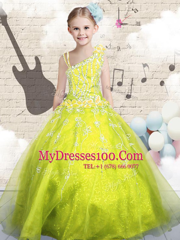 Yellow Green Ball Gowns Organza Asymmetric Sleeveless Beading and Appliques and Hand Made Flower Floor Length Lace Up Child Pageant Dress