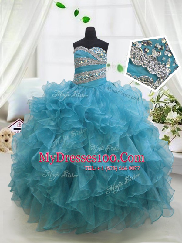 Enchanting Blue Lace Up Sweetheart Beading and Ruffles Toddler Flower Girl Dress Organza Sleeveless