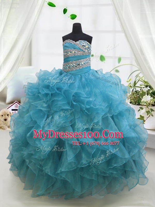 Enchanting Blue Lace Up Sweetheart Beading and Ruffles Toddler Flower Girl Dress Organza Sleeveless