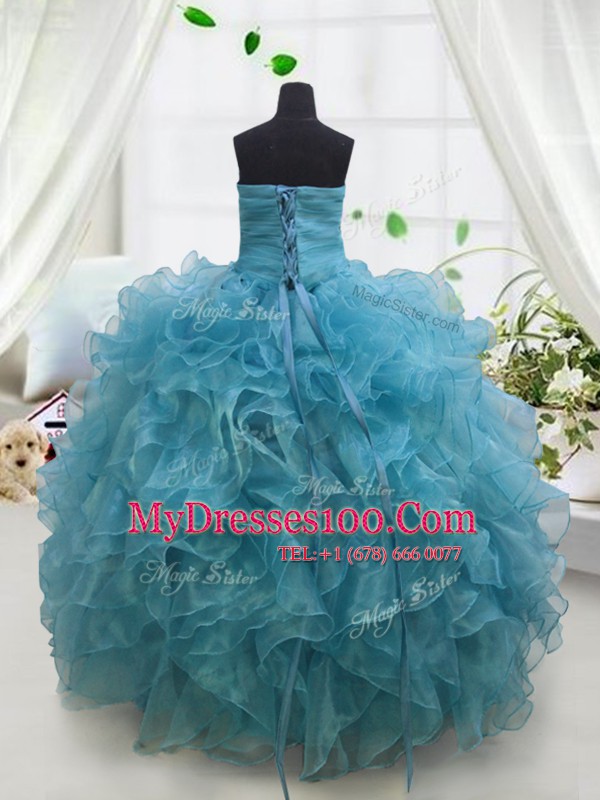 Enchanting Blue Lace Up Sweetheart Beading and Ruffles Toddler Flower Girl Dress Organza Sleeveless