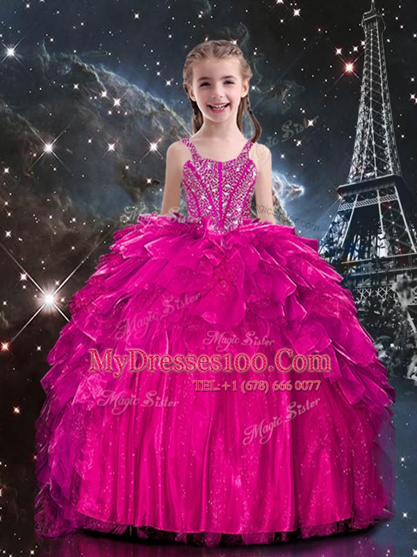 Glamorous Organza Spaghetti Straps Sleeveless Lace Up Beading and Ruffles Kids Formal Wear in Hot Pink