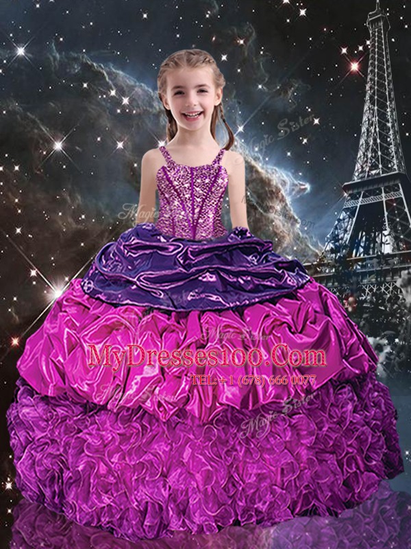 Purple Organza Lace Up Spaghetti Straps Sleeveless Floor Length Little Girls Pageant Dress Wholesale Beading and Ruffles and Pick Ups