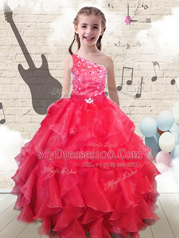 Glittering Red Lace Up One Shoulder Beading and Ruffles Little Girls Pageant Dress Wholesale Organza Sleeveless