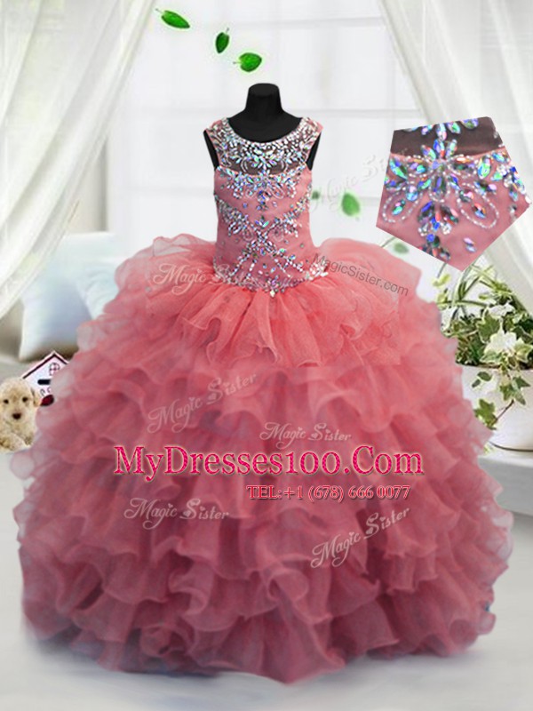 Scoop Ruffled Coral Red Sleeveless Organza Lace Up Flower Girl Dresses for Party and Wedding Party