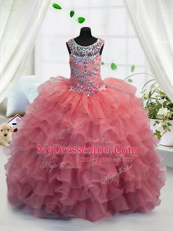Scoop Ruffled Coral Red Sleeveless Organza Lace Up Flower Girl Dresses for Party and Wedding Party