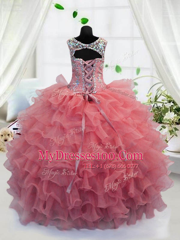 Scoop Ruffled Coral Red Sleeveless Organza Lace Up Flower Girl Dresses for Party and Wedding Party