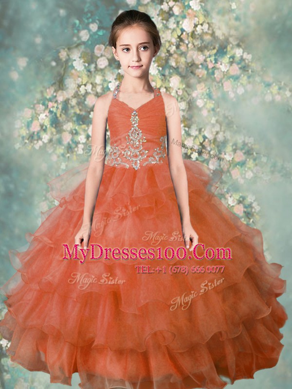 Halter Top Orange Ball Gowns Beading and Ruffled Layers Girls Pageant Dresses Zipper Organza Sleeveless Floor Length
