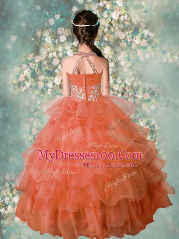 Halter Top Orange Ball Gowns Beading and Ruffled Layers Girls Pageant Dresses Zipper Organza Sleeveless Floor Length