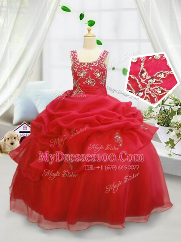 Stunning Coral Red Sleeveless Beading and Pick Ups Floor Length Flower Girl Dresses