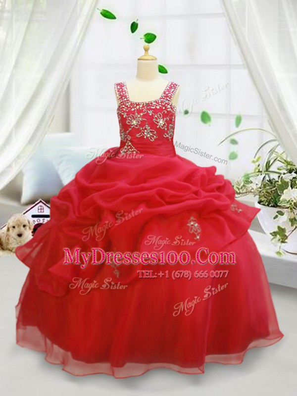 Stunning Coral Red Sleeveless Beading and Pick Ups Floor Length Flower Girl Dresses