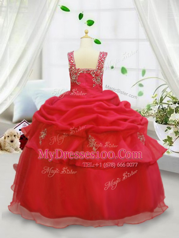 Stunning Coral Red Sleeveless Beading and Pick Ups Floor Length Flower Girl Dresses