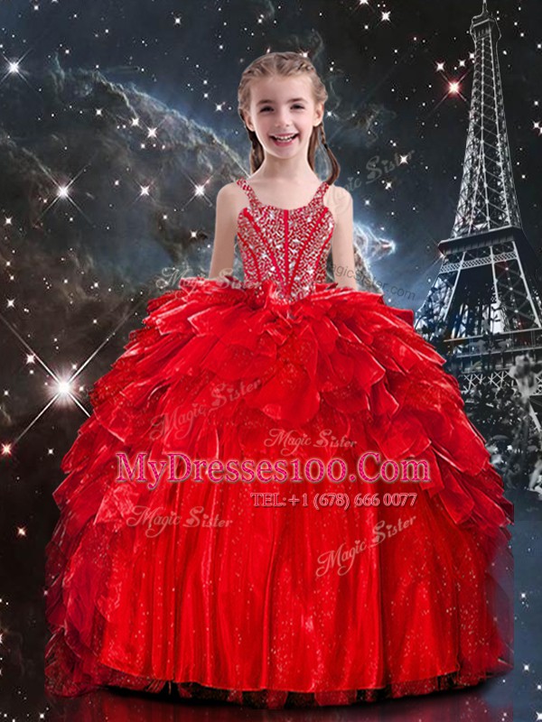 Sleeveless Organza Floor Length Lace Up Child Pageant Dress in Red with Beading and Ruffles