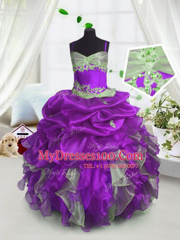 Free and Easy Lavender Lace Up Flower Girl Dress Beading and Ruffles and Pick Ups Sleeveless Floor Length