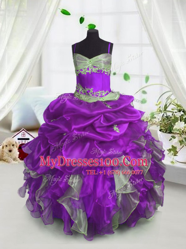 Free and Easy Lavender Lace Up Flower Girl Dress Beading and Ruffles and Pick Ups Sleeveless Floor Length