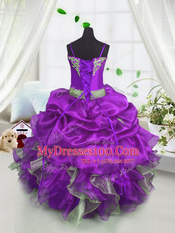 Free and Easy Lavender Lace Up Flower Girl Dress Beading and Ruffles and Pick Ups Sleeveless Floor Length
