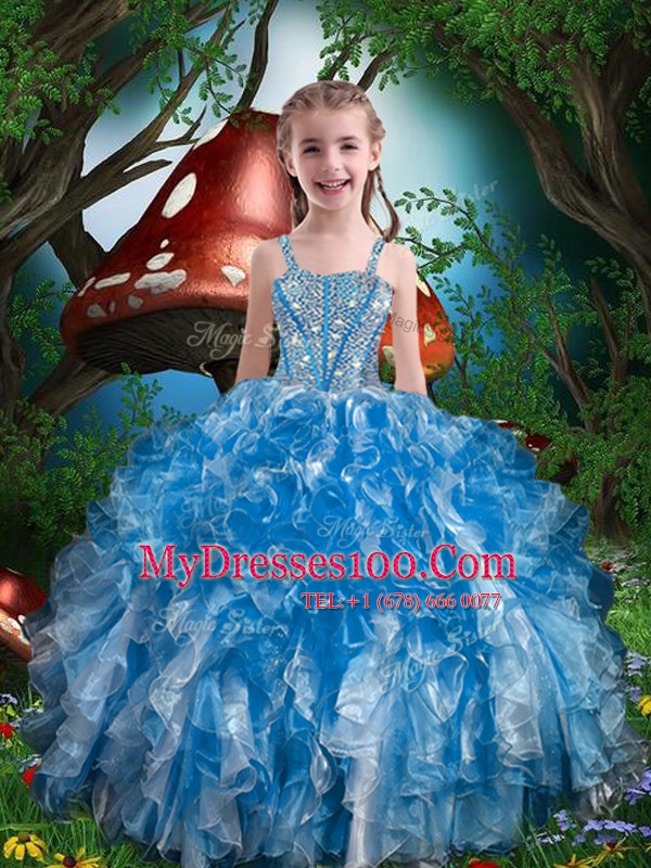 Lovely Blue Spaghetti Straps Neckline Beading and Ruffles Flower Girl Dresses Sleeveless Lace Up