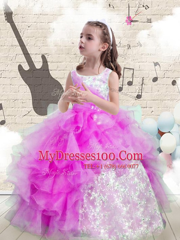 Purple Ball Gowns Organza Scoop Sleeveless Beading and Ruffled Layers Floor Length Lace Up Toddler Flower Girl Dress