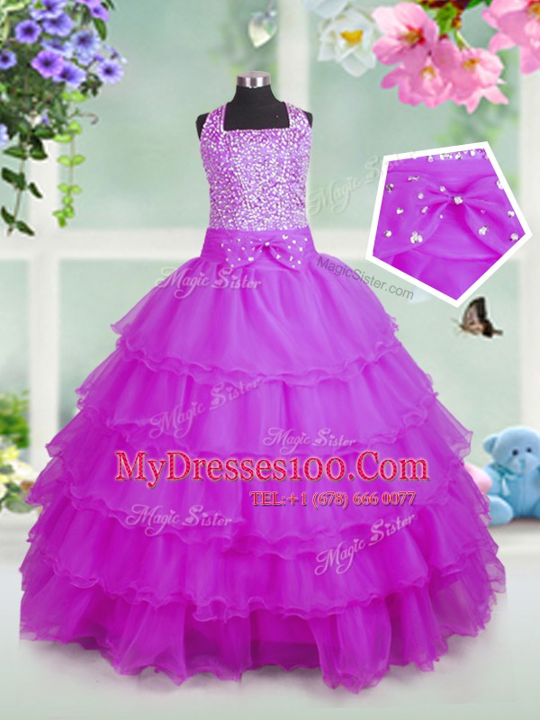 Sleeveless Organza Floor Length Zipper Flower Girl Dresses for Less in Rose Pink with Beading and Ruffled Layers