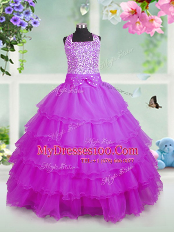 Sleeveless Organza Floor Length Zipper Flower Girl Dresses for Less in Rose Pink with Beading and Ruffled Layers