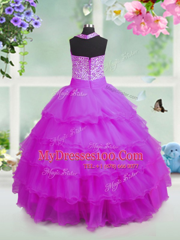 Sleeveless Organza Floor Length Zipper Flower Girl Dresses for Less in Rose Pink with Beading and Ruffled Layers
