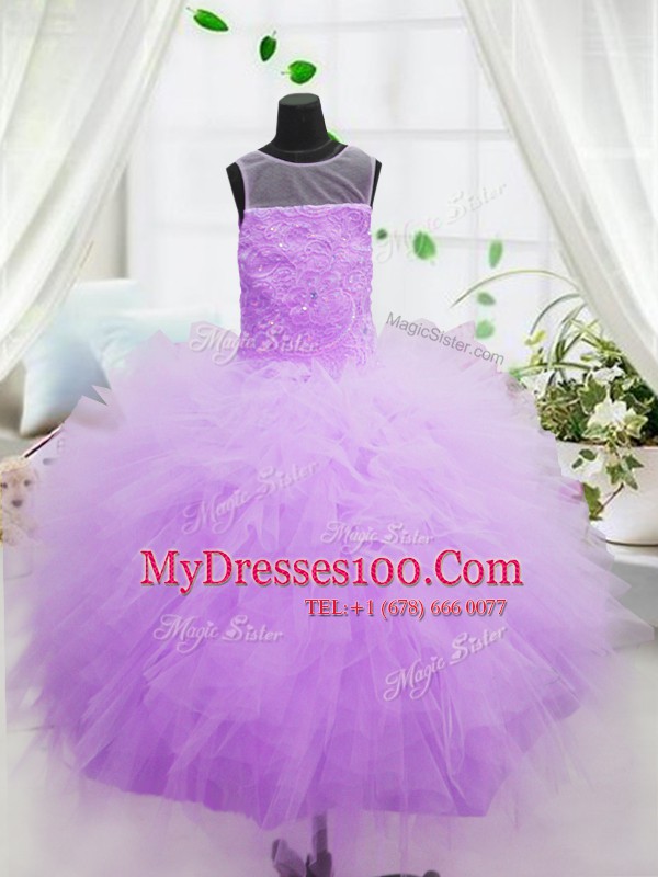 Modest Scoop Hot Pink Zipper Little Girl Pageant Gowns Ruffles Sleeveless Floor Length