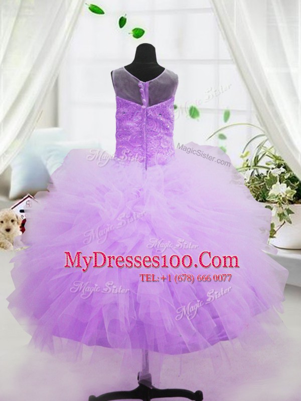 Modest Scoop Hot Pink Zipper Little Girl Pageant Gowns Ruffles Sleeveless Floor Length