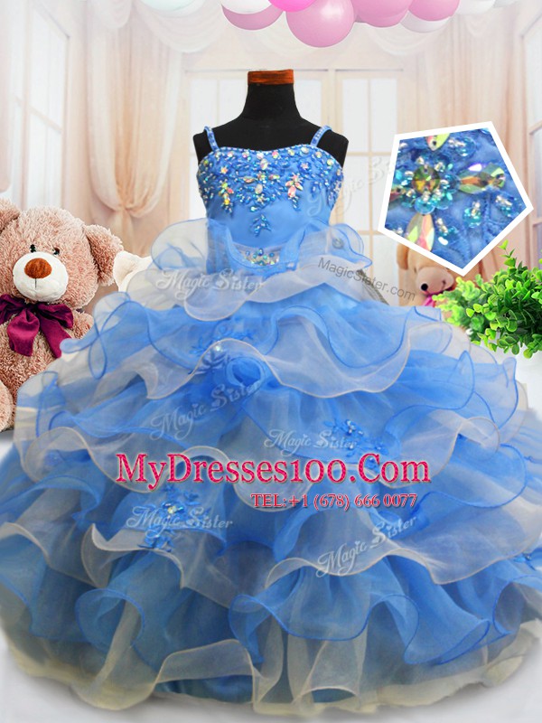 Blue Zipper Spaghetti Straps Beading and Ruffled Layers Little Girls Pageant Dress Organza Sleeveless