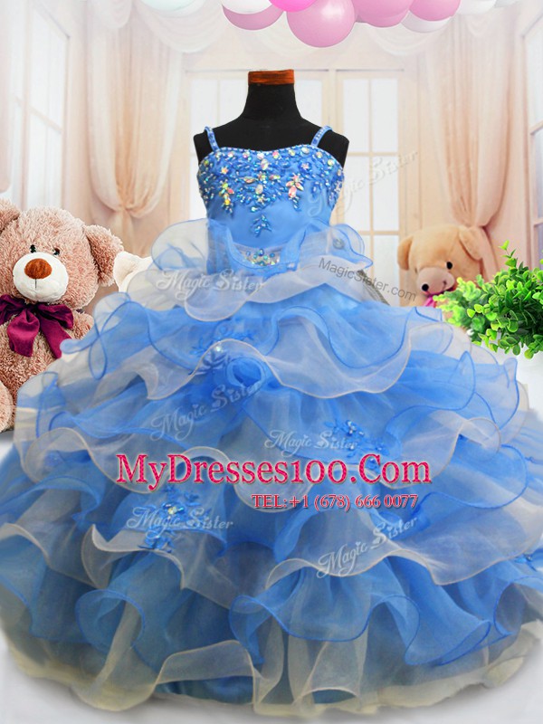 Blue Zipper Spaghetti Straps Beading and Ruffled Layers Little Girls Pageant Dress Organza Sleeveless
