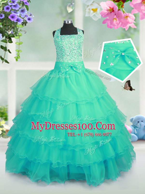 Sexy Square Sleeveless Girls Pageant Dresses Floor Length Beading and Ruffled Layers Turquoise Organza