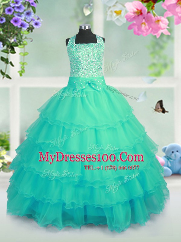 Sexy Square Sleeveless Girls Pageant Dresses Floor Length Beading and Ruffled Layers Turquoise Organza
