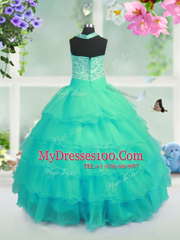Sexy Square Sleeveless Girls Pageant Dresses Floor Length Beading and Ruffled Layers Turquoise Organza
