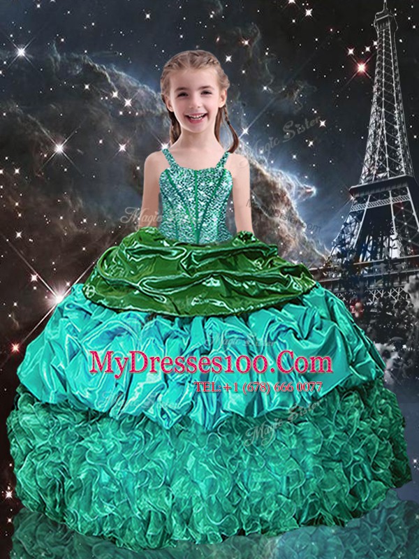 Beading and Ruffles Kids Pageant Dress Green Lace Up Sleeveless Floor Length