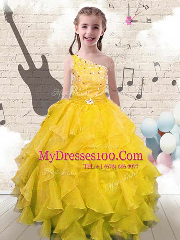 Yellow Organza Lace Up One Shoulder Sleeveless Floor Length Flower Girl Dresses for Less Beading and Ruffles