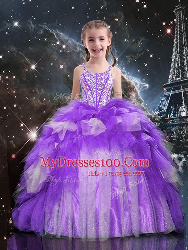 Top Selling Organza Spaghetti Straps Sleeveless Lace Up Beading and Ruffles Flower Girl Dresses for Less in Purple