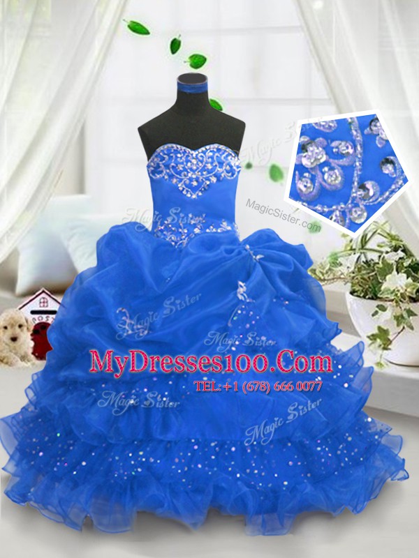 Dynamic Floor Length Lace Up Little Girls Pageant Dress Blue for Party and Wedding Party with Beading and Ruffled Layers and Pick Ups
