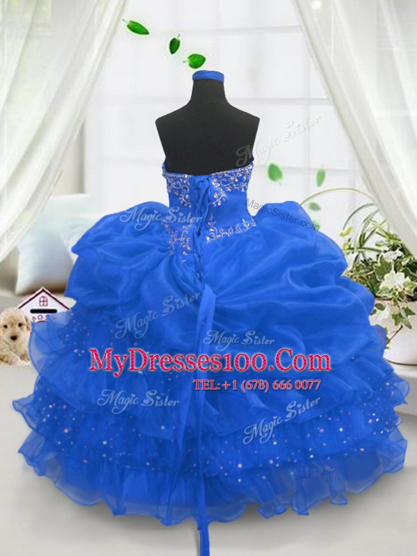 Dynamic Floor Length Lace Up Little Girls Pageant Dress Blue for Party and Wedding Party with Beading and Ruffled Layers and Pick Ups