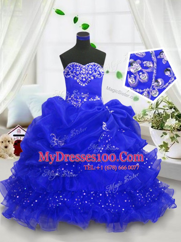 Beading and Ruffled Layers and Pick Ups Flower Girl Dress Royal Blue Lace Up Sleeveless Floor Length