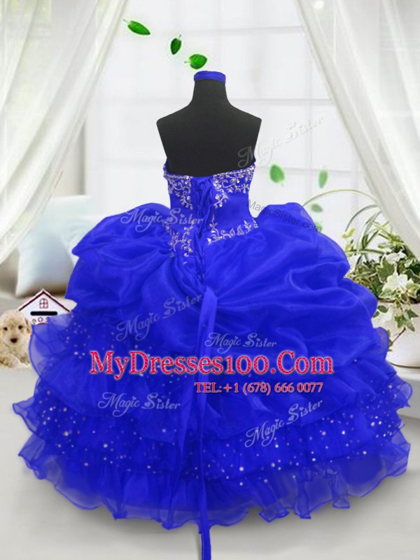 Beading and Ruffled Layers and Pick Ups Flower Girl Dress Royal Blue Lace Up Sleeveless Floor Length
