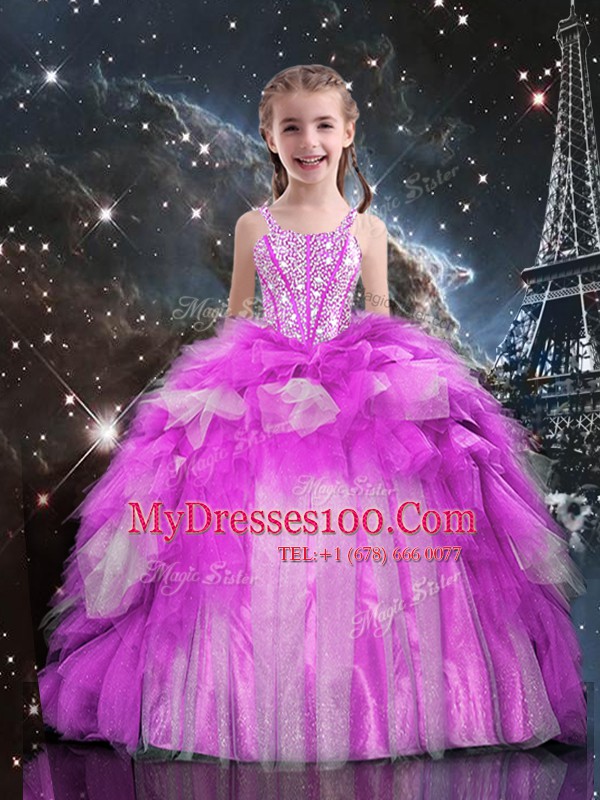 Fantastic One Shoulder Ruffled Floor Length Ball Gowns Sleeveless Fuchsia Flower Girl Dresses for Less Lace Up