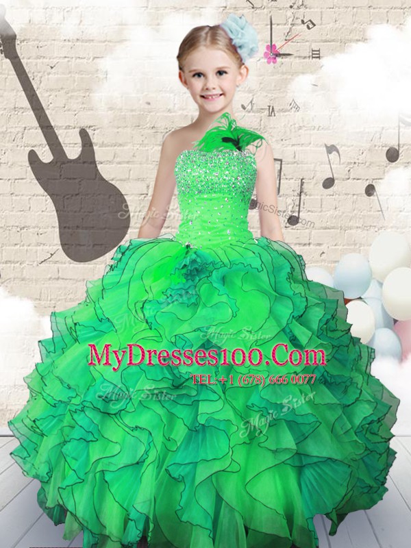 One Shoulder Green Sleeveless Floor Length Beading and Ruffles Lace Up Little Girls Pageant Dress Wholesale