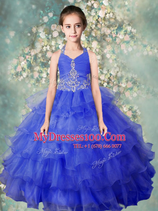 Colorful Ruffled Ball Gowns Girls Pageant Dresses Baby Blue Halter Top Organza Sleeveless Floor Length Zipper