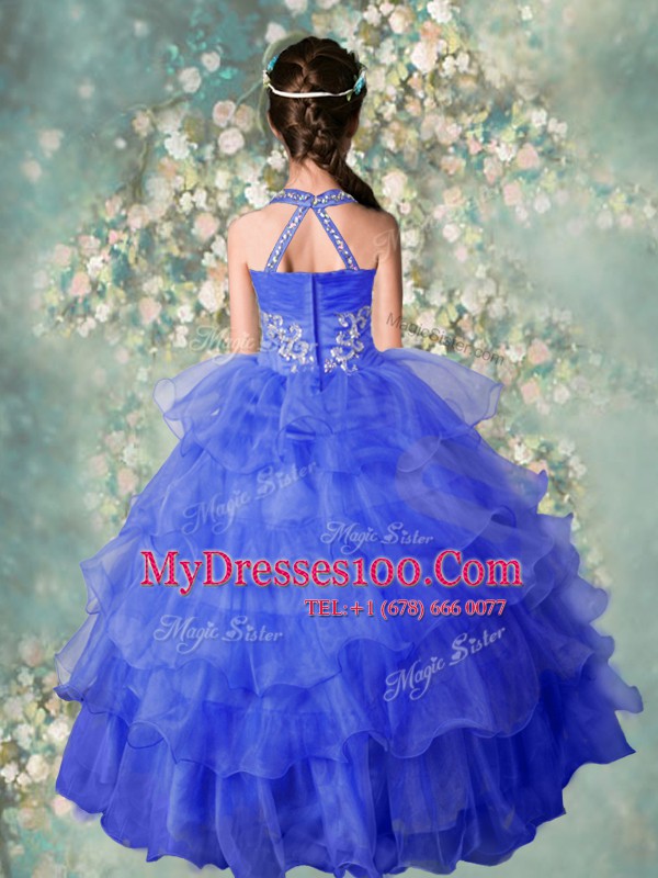 Colorful Ruffled Ball Gowns Girls Pageant Dresses Baby Blue Halter Top Organza Sleeveless Floor Length Zipper