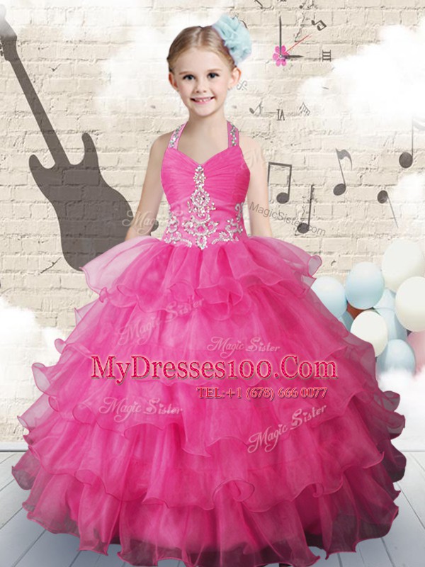 Free and Easy Hot Pink Kids Formal Wear Party and Wedding Party and For with Beading and Ruffled Layers Halter Top Sleeveless Lace Up