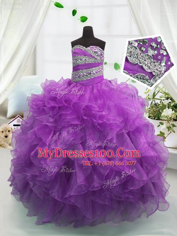 Fitting Floor Length Ball Gowns Sleeveless Purple Flower Girl Dress Lace Up