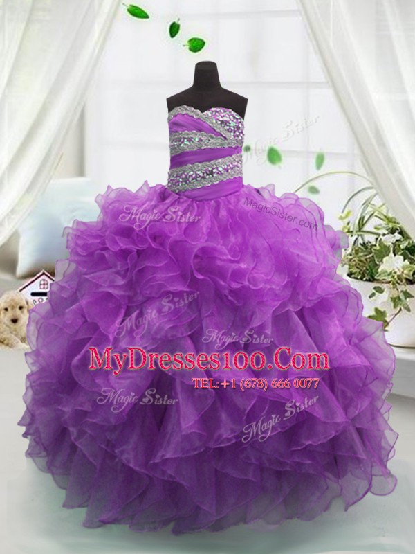 Fitting Floor Length Ball Gowns Sleeveless Purple Flower Girl Dress Lace Up