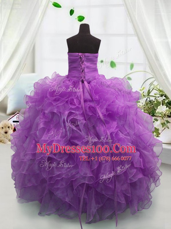 Fitting Floor Length Ball Gowns Sleeveless Purple Flower Girl Dress Lace Up