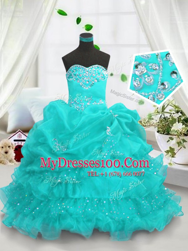Organza Sweetheart Sleeveless Lace Up Beading and Ruffled Layers and Pick Ups Little Girl Pageant Gowns in Aqua Blue