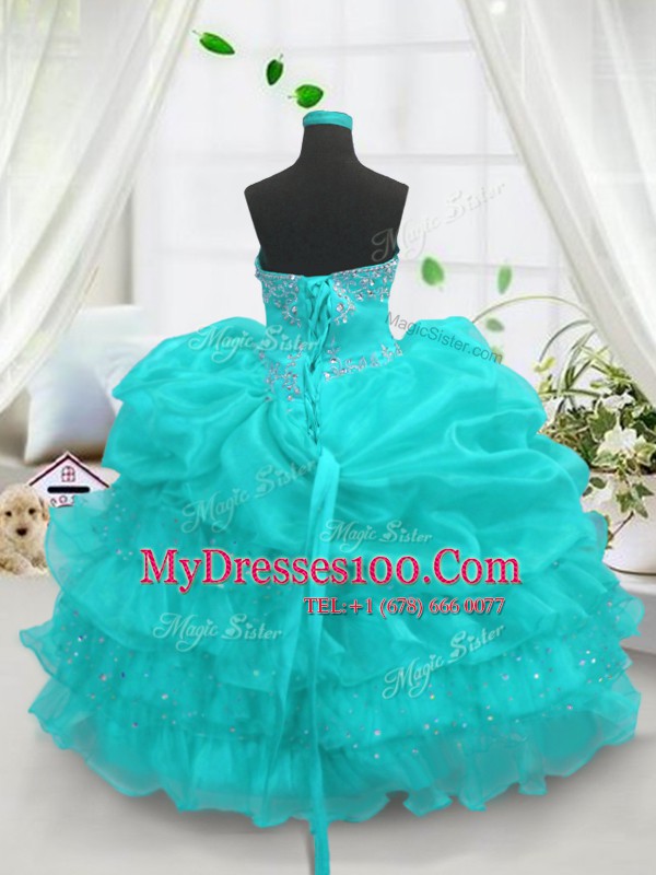 Organza Sweetheart Sleeveless Lace Up Beading and Ruffled Layers and Pick Ups Little Girl Pageant Gowns in Aqua Blue