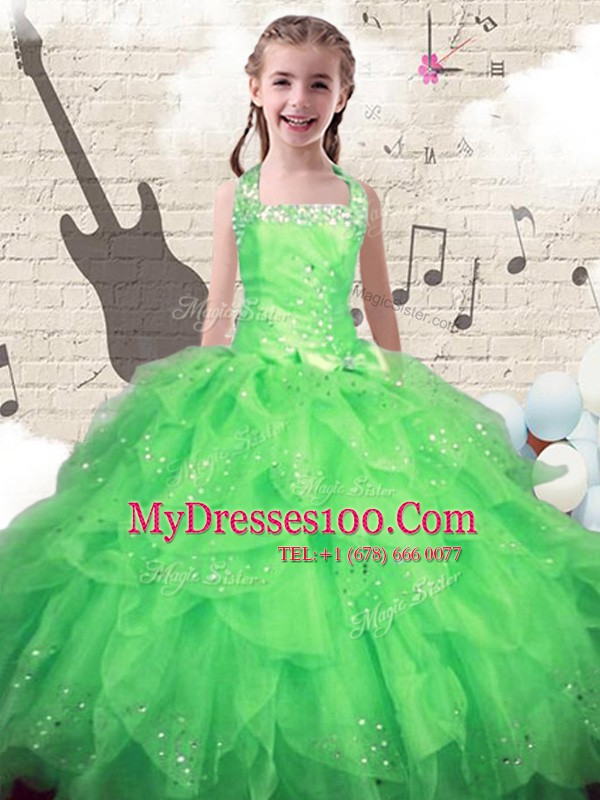 Halter Top Sleeveless Lace Up Little Girl Pageant Dress Green Organza