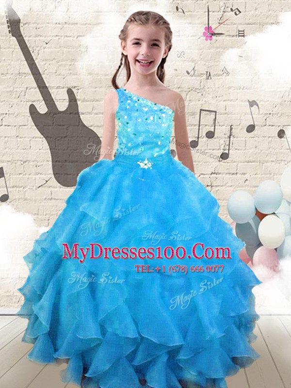 Traditional Aqua Blue Ball Gowns One Shoulder Sleeveless Organza Floor Length Lace Up Beading and Ruffles Little Girl Pageant Gowns